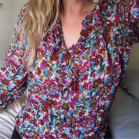 Joie | Floral Abstract Calbasas MagPie Pattern Silk Blouse - Picture 7 of 7